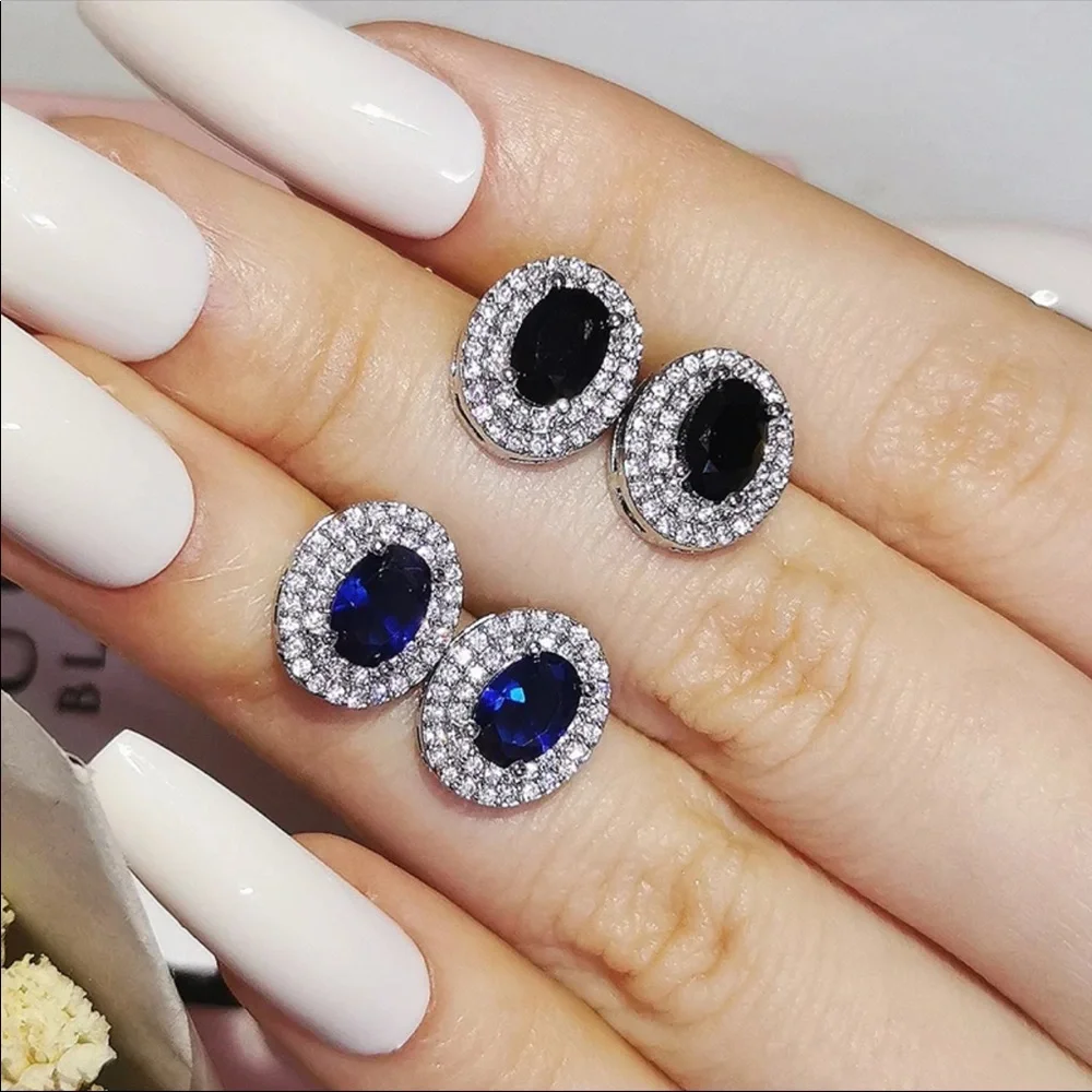 New Oval 925 Silver Party Wedding Sapphire Stud Earrings - Picture 2 of 5
